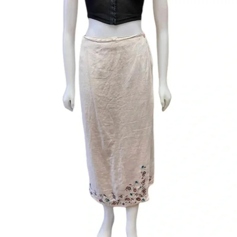 Talbots 100% Linen Embroidered Oatmeal Maxi Wrap Skirt Size 10
